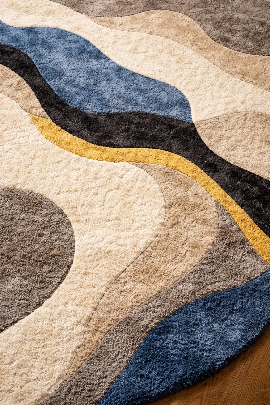 Abstract Hand Tufted Wool Rug | Modern Beige Blue Area Rug | Luxury Bedroom Rug |Custom Size Handmade Rug | Contemporary Wave Design Carpet
