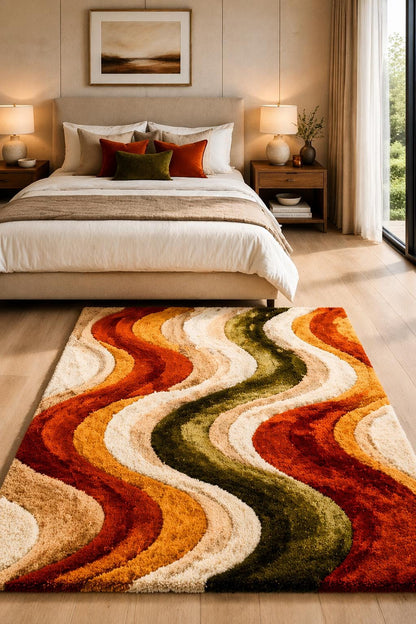 Mid Century Modern Rug | Abstract Wavy Rug | Hand Tufted Wool Rug | Retro Orange Green Cream Rug| Shag Area Rug | Luxury Bedroom Living Room