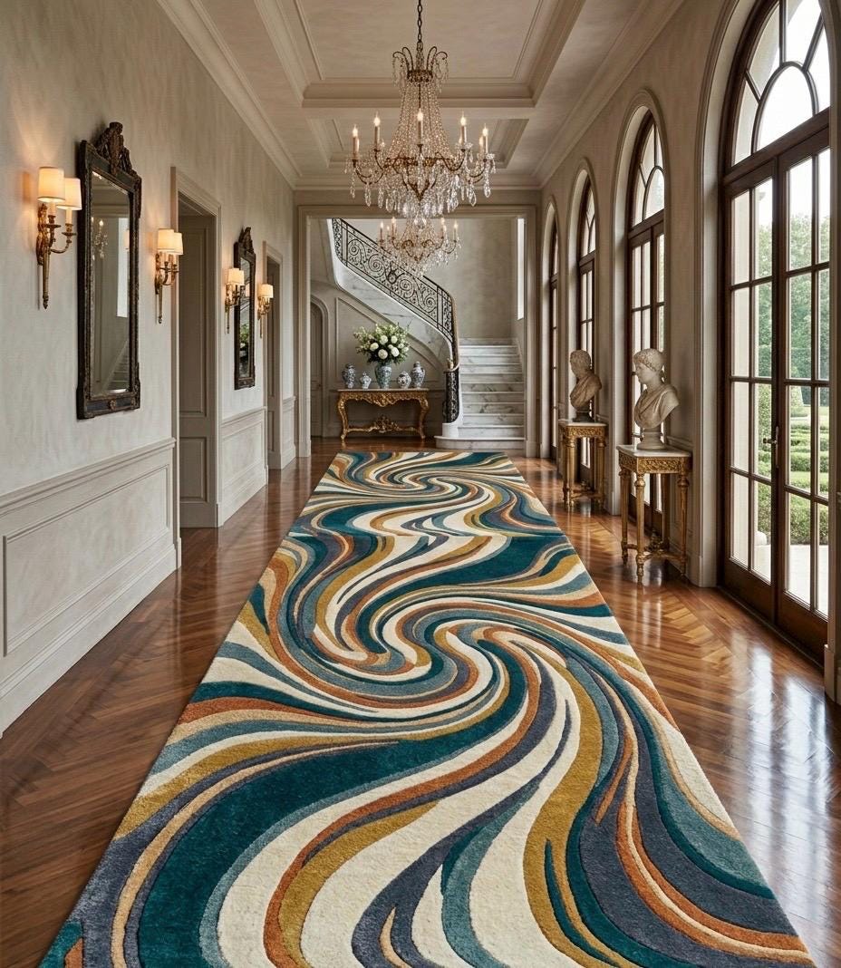 Mid Century Modern Swirl Wool Rug | Teal Mustard Cream Abstract Area Rug