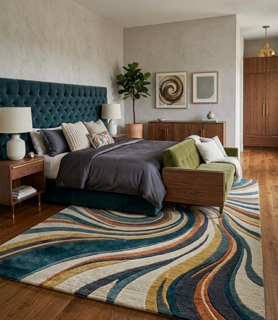 Mid Century Modern Swirl Wool Rug | Teal Mustard Cream Abstract Area Rug