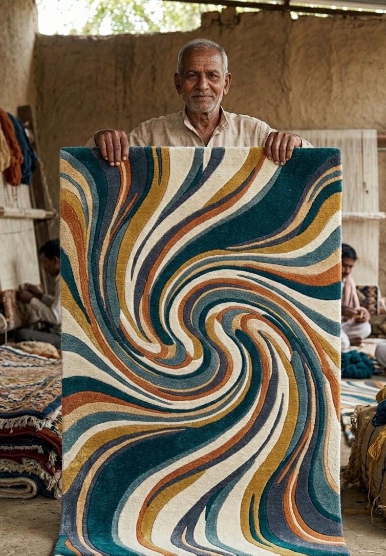 Mid Century Modern Swirl Wool Rug | Teal Mustard Cream Abstract Area Rug