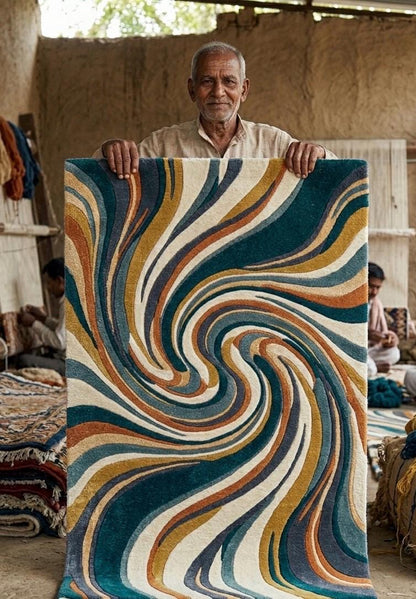 Mid Century Modern Swirl Wool Rug | Teal Mustard Cream Abstract Area Rug