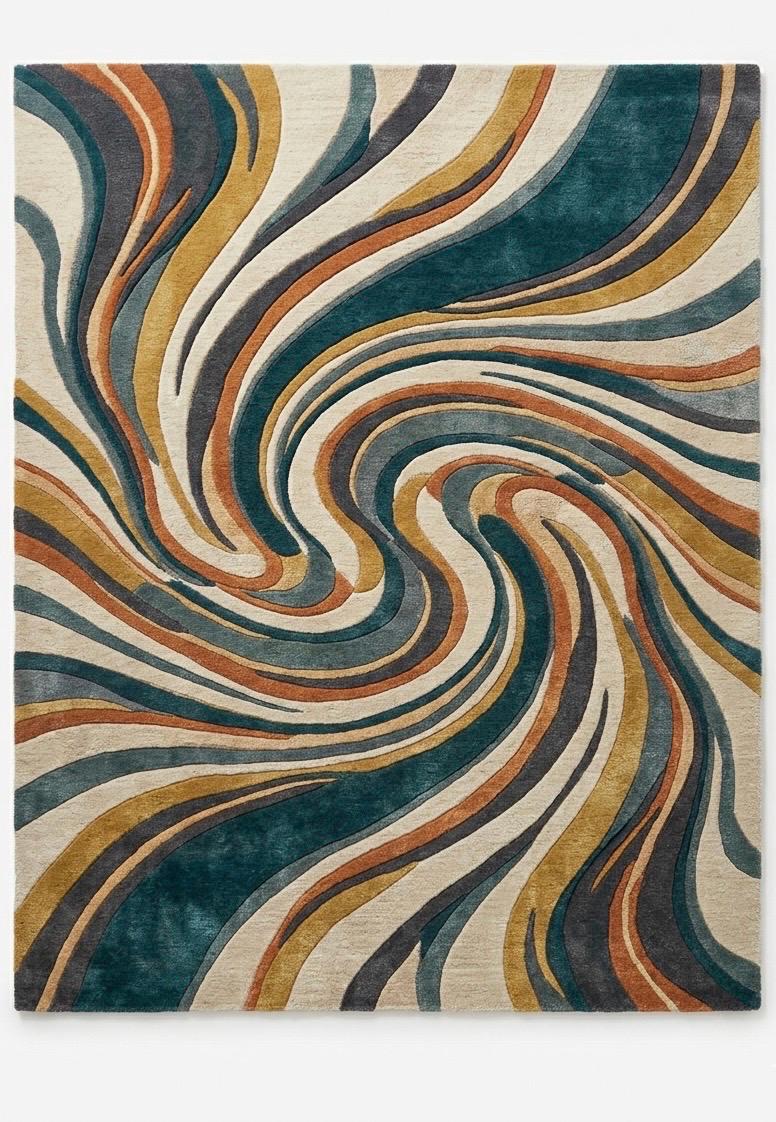 Mid Century Modern Swirl Wool Rug | Teal Mustard Cream Abstract Area Rug