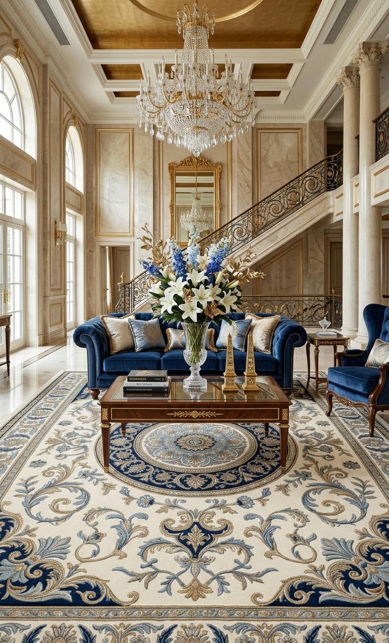 Luxury Blue Beige Floral Rug | Hand Tufted Wool Area Rug | Traditional Vintage Carpet | Living Room Rug | Large Statement Rug 15x20 20x20
