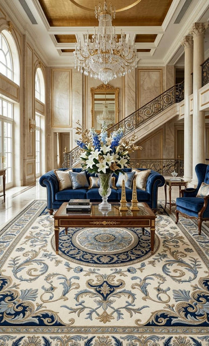 Luxury Blue Beige Floral Rug | Hand Tufted Wool Area Rug | Traditional Vintage Carpet | Living Room Rug | Large Statement Rug 15x20 20x20