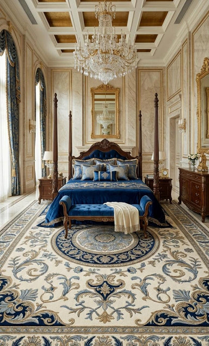 Luxury Blue Beige Floral Rug | Hand Tufted Wool Area Rug | Traditional Vintage Carpet | Living Room Rug | Large Statement Rug 15x20 20x20