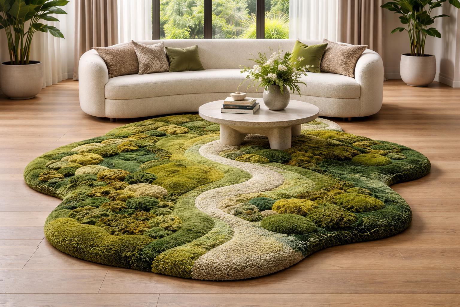 Moss Rug Handmade Tufted | Organic Green Landscape Rug | 3D River Design Area Rug | Luxury Nature Inspired Carpet | Biophilic Home Decor
