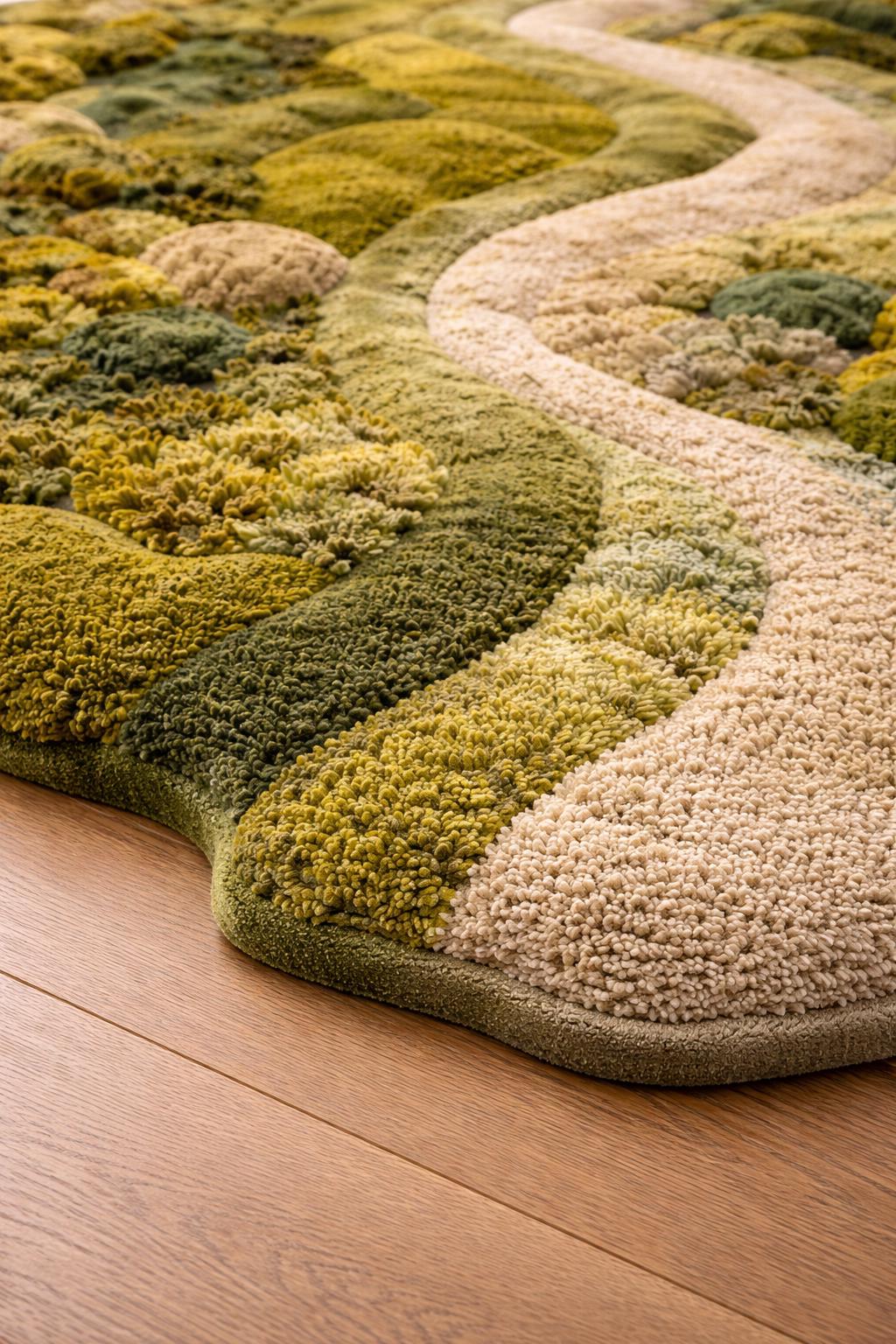 Moss Rug Handmade Tufted | Organic Green Landscape Rug | 3D River Design Area Rug | Luxury Nature Inspired Carpet | Biophilic Home Decor