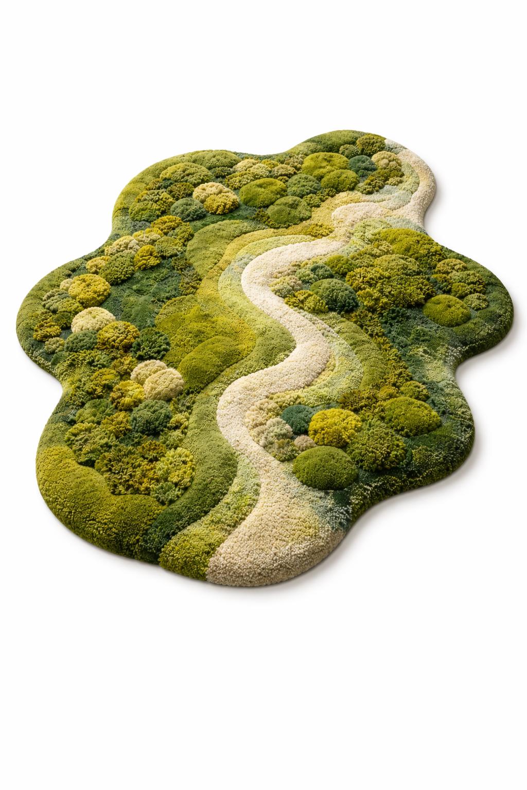 Moss Rug Handmade Tufted | Organic Green Landscape Rug | 3D River Design Area Rug | Luxury Nature Inspired Carpet | Biophilic Home Decor