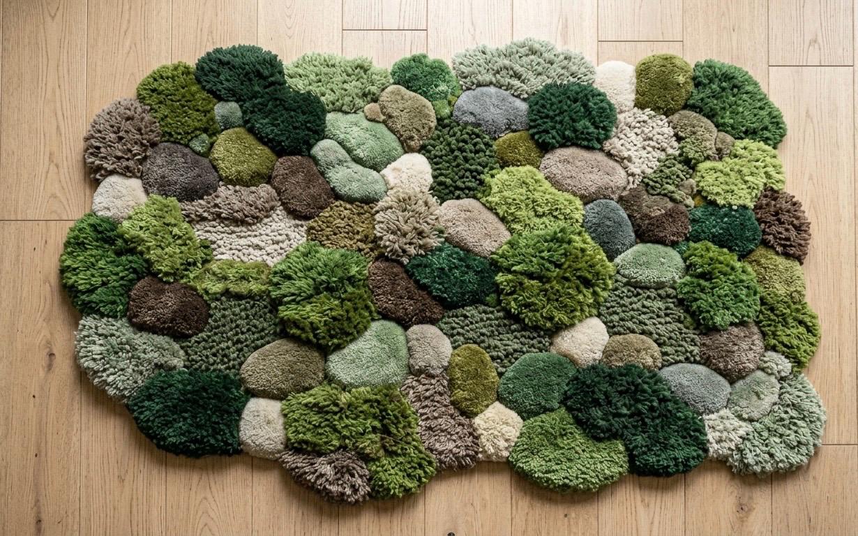 Luxury Moss Pebble Rug Handmade | 3D Tufted Green Rug | Organic Stone Texture Carpet | Biophilic Nature Rug | Luxury Aesthetic Room Decor