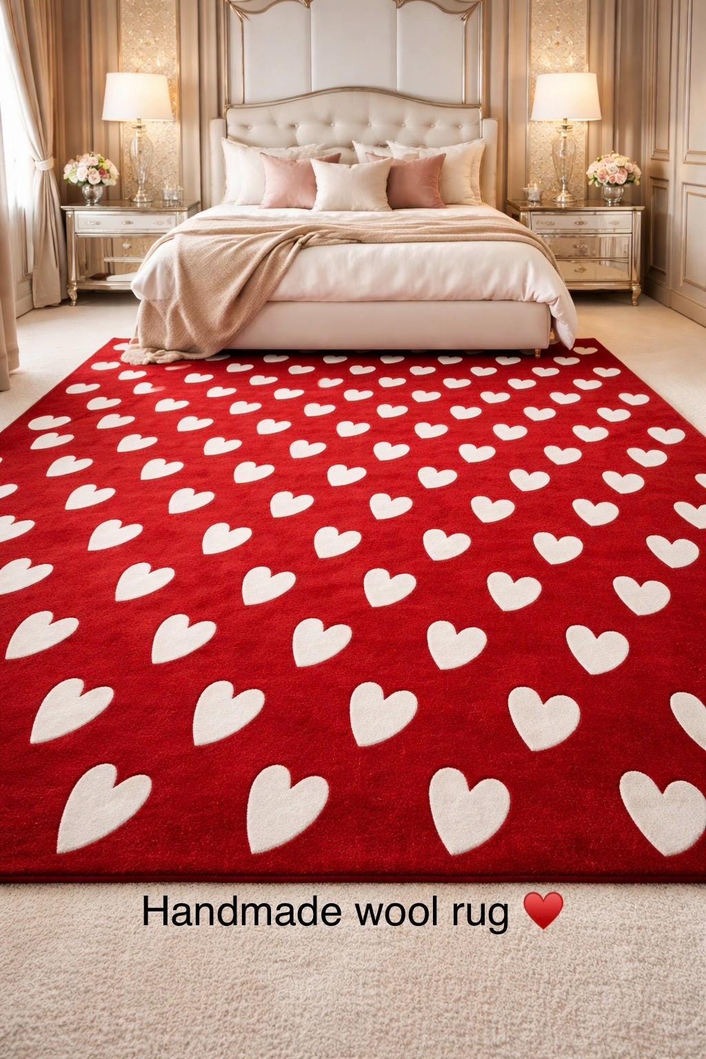 Hand Tufted Wool Rug Red with White Hearts |Custom Size Area Rug | Soft Plush Carpet | Handmade Modern Rug | luxury rug