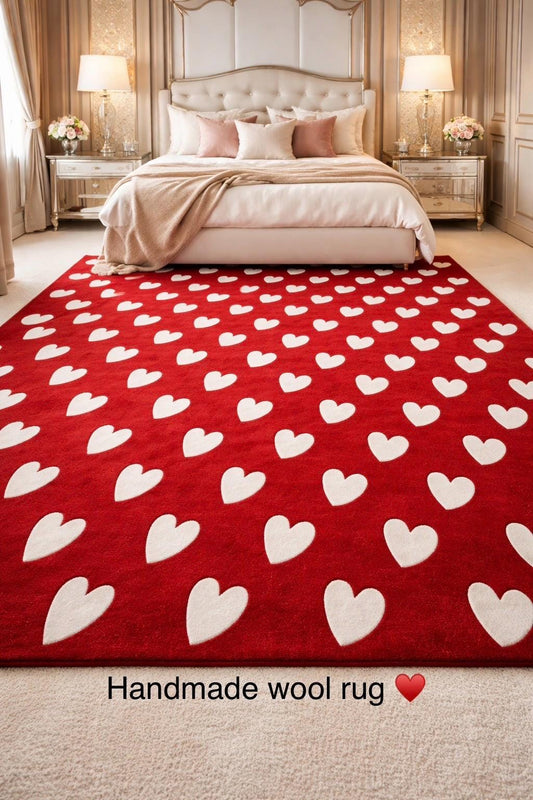 Hand Tufted Wool Rug Red with White Hearts |Custom Size Area Rug | Soft Plush Carpet | Handmade Modern Rug | luxury rug