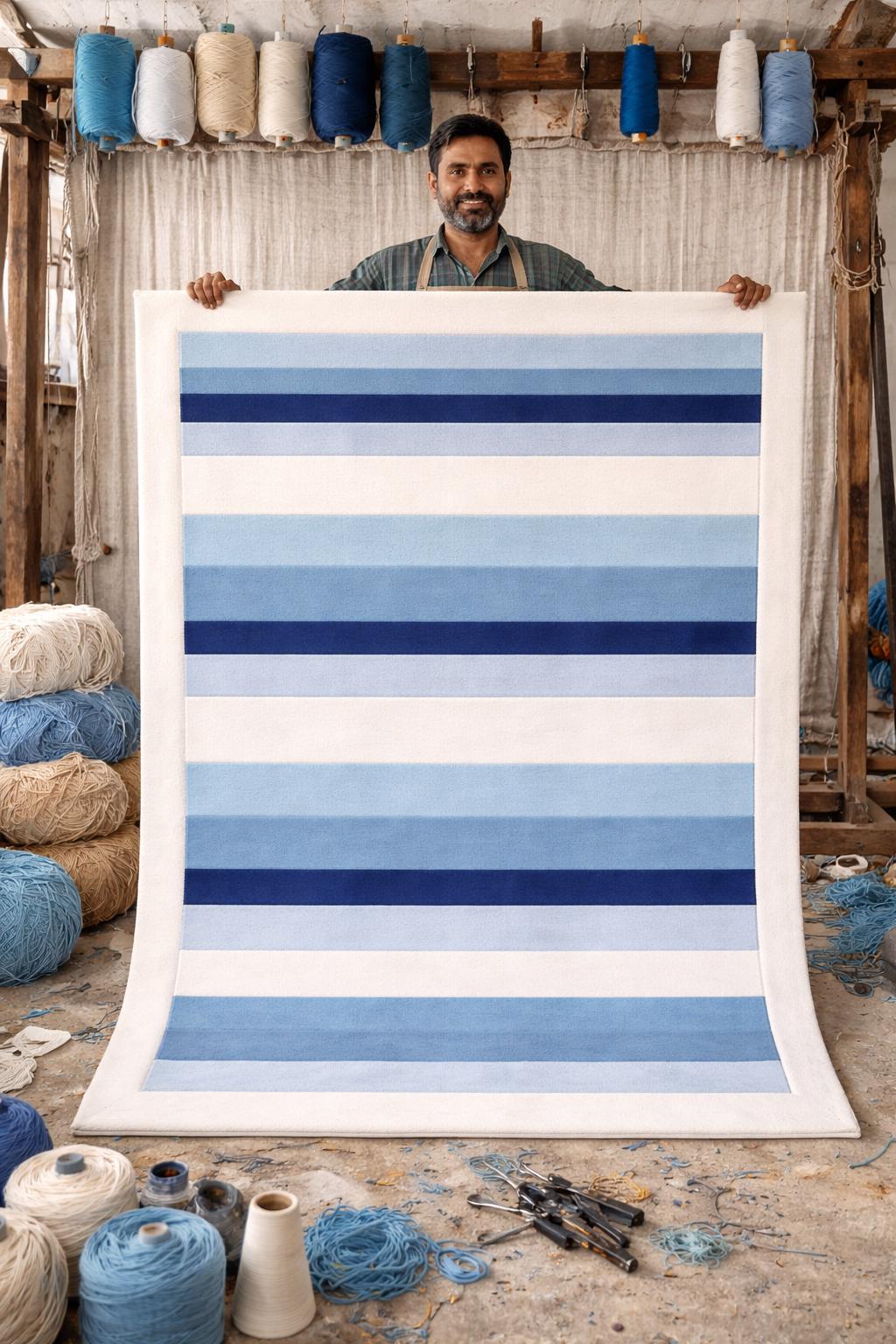 Luxury Hand Tufted Wool Rug | Blue Striped Area Rug | Modern Coastal Rug | Handmade Carpet | Minimalist Scandinavian Rug | Custom Size Rug