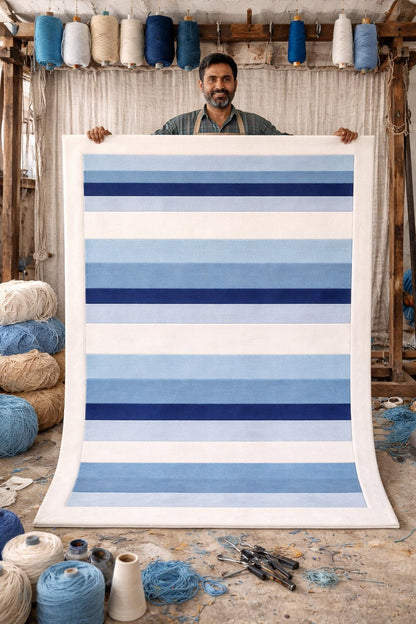 Luxury Hand Tufted Wool Rug | Blue Striped Area Rug | Modern Coastal Rug | Handmade Carpet | Minimalist Scandinavian Rug | Custom Size Rug