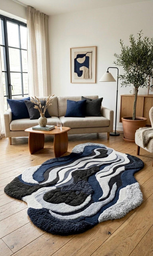Irregular Abstract Tufted Rug | Midnight Flow rug | Navy Blue Cream Modern Area Rug | Handmade Sculpted Wool Rug | Luxury Organic Shape Rug