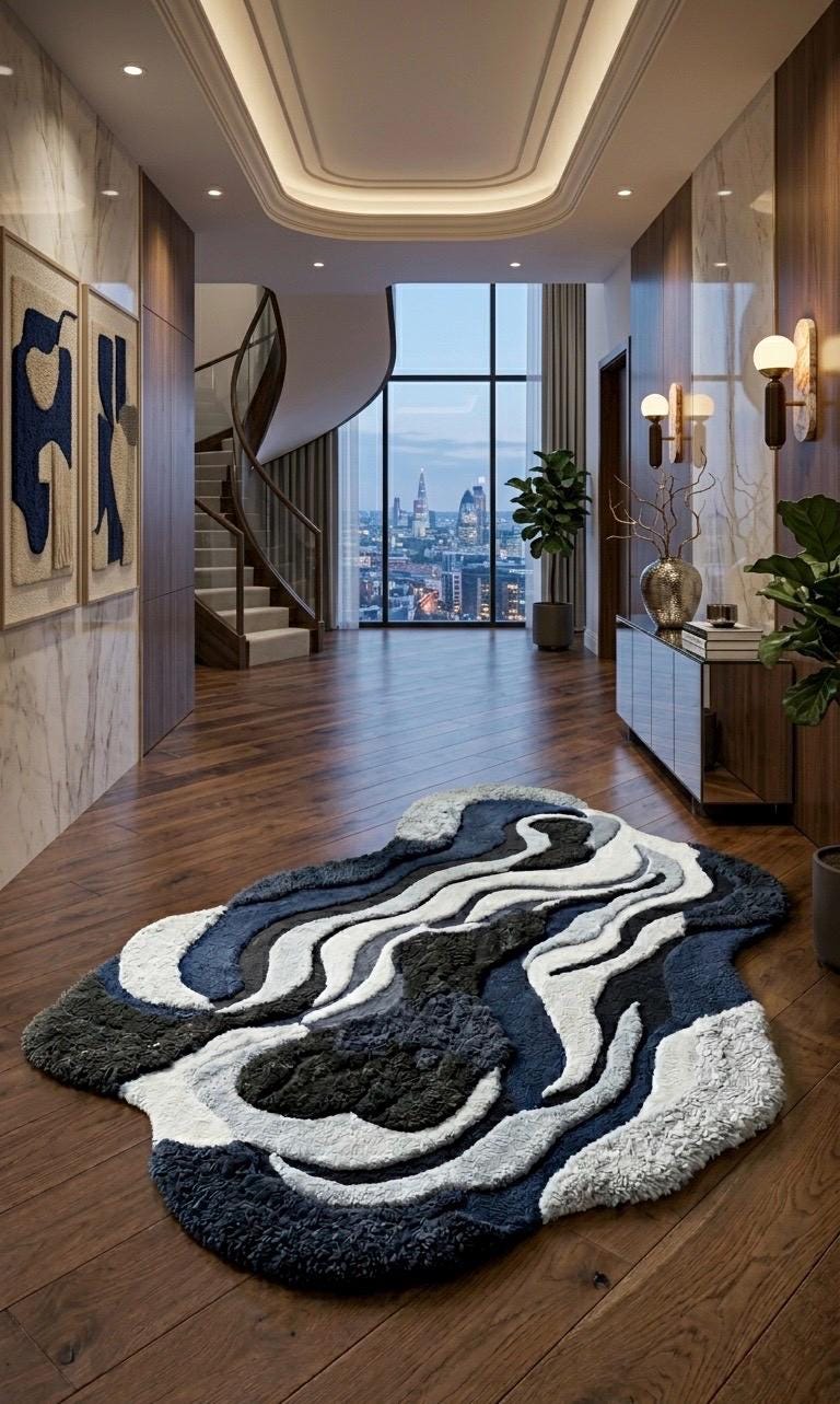 Irregular Abstract Tufted Rug | Midnight Flow rug | Navy Blue Cream Modern Area Rug | Handmade Sculpted Wool Rug | Luxury Organic Shape Rug