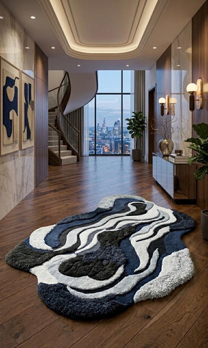 Irregular Abstract Tufted Rug | Midnight Flow rug | Navy Blue Cream Modern Area Rug | Handmade Sculpted Wool Rug | Luxury Organic Shape Rug