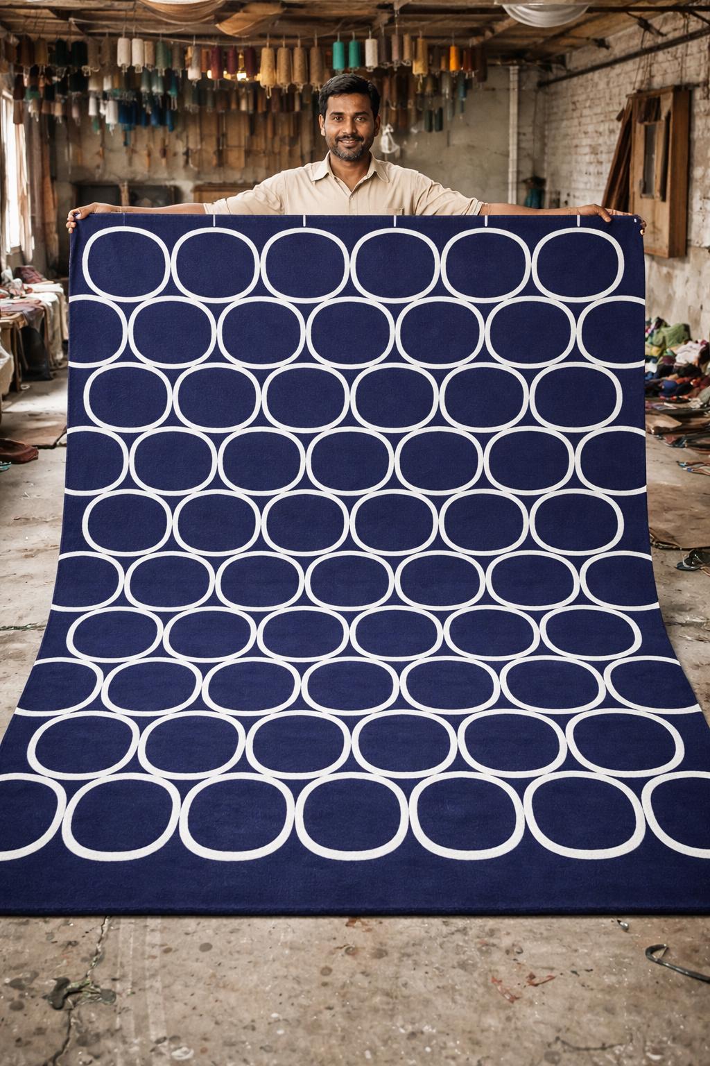 Navy Blue Geometric Wool Rug | Hand Tufted Modern Carpet, Minimalist Bedroom Area Rug