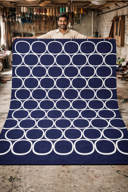 Navy Blue Geometric Wool Rug | Hand Tufted Modern Carpet, Minimalist Bedroom Area Rug