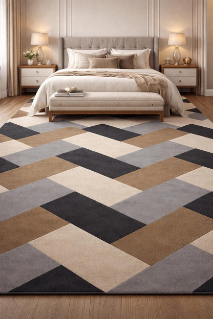 Hand Tufted Wool Rug | Modern Neutral Area Rug | Beige Grey Black Carpet | Luxury Abstract Rug | Custom Size Living Room rug  9x12