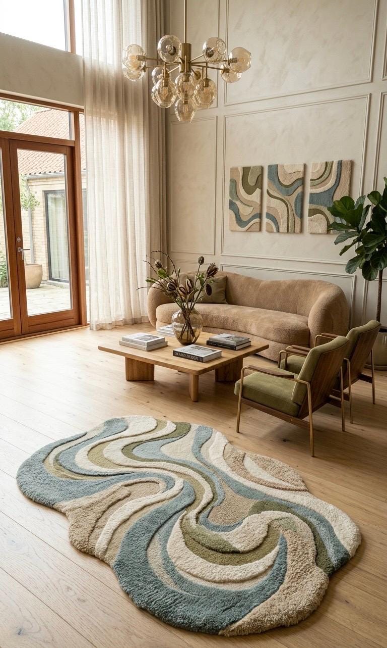 Organic Shaped Moss Green Rug Hand Tufted Wool Rug, Abstract Modern Area Rug, Sage Green Cream Rug, Irregular Shape Rug, Luxury Bedroom Rug