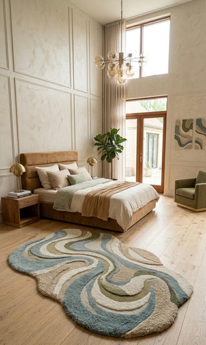 Organic Shaped Moss Green Rug Hand Tufted Wool Rug, Abstract Modern Area Rug, Sage Green Cream Rug, Irregular Shape Rug, Luxury Bedroom Rug