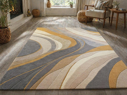 Luxury Hand Tufted Wool Rug | Abstract Marble Design Cut Pile Area Rug | Modern Bedroom Carpet | Navy Gold Beige | Custom Size rug US UK