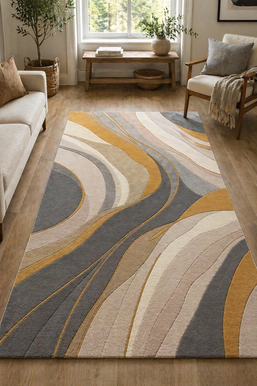Luxury Hand Tufted Wool Rug | Abstract Marble Design Cut Pile Area Rug | Modern Bedroom Carpet | Navy Gold Beige | Custom Size rug US UK