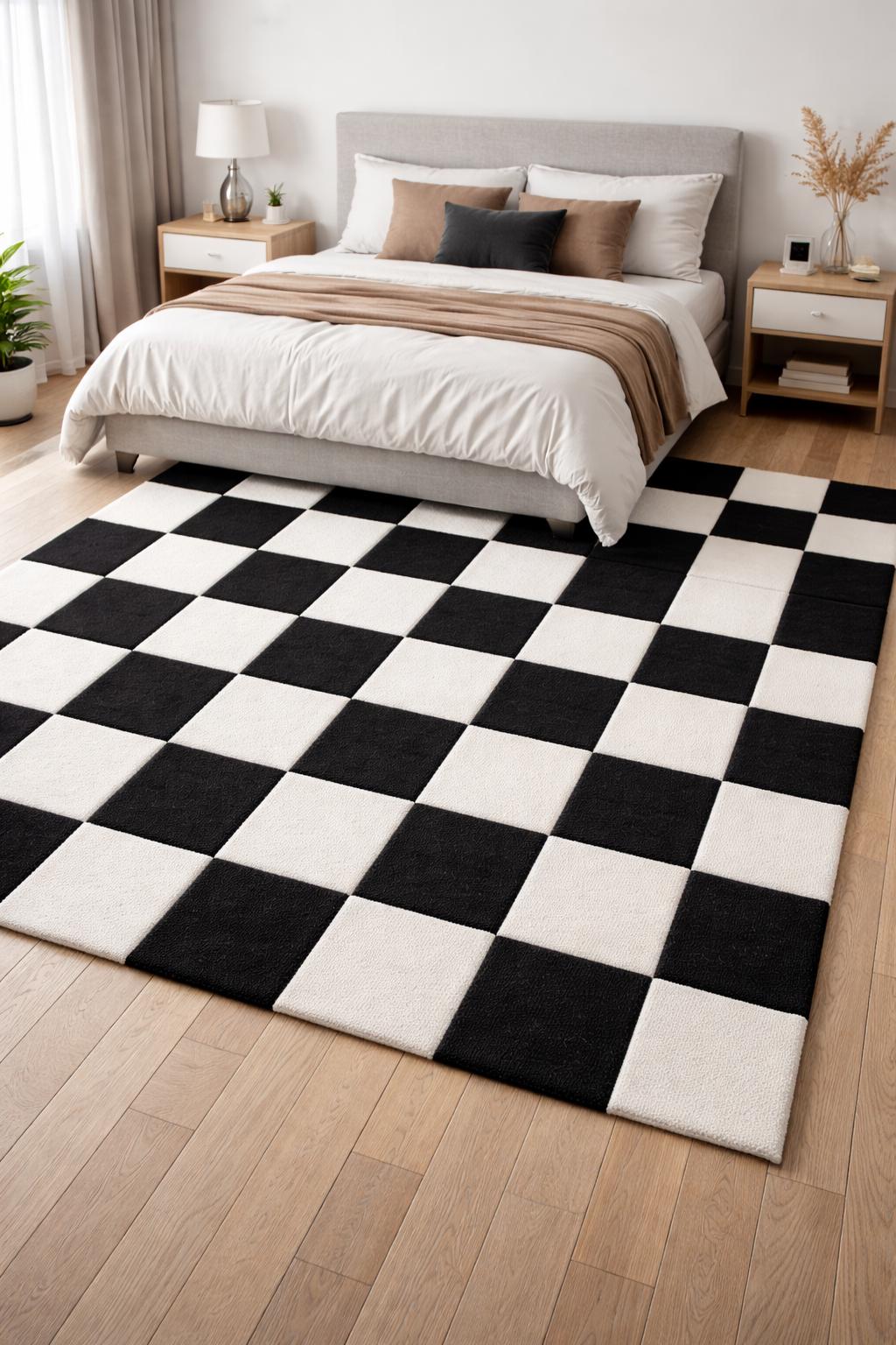 Hand Tufted Wool Checkered Rug | Modern Minimalist Black White Area Rug