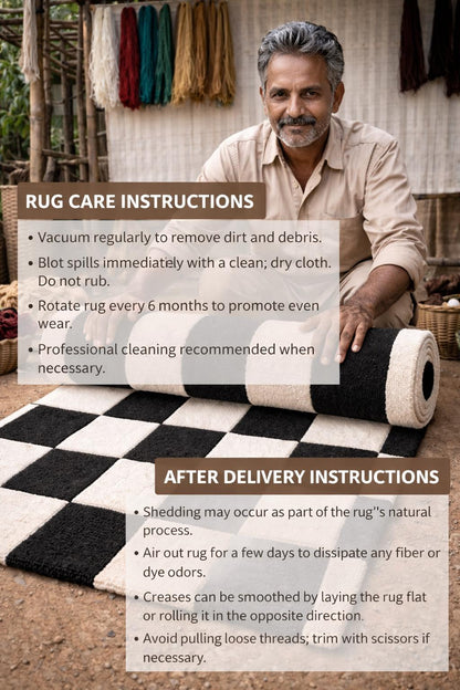 Hand Tufted Wool Checkered Rug | Modern Minimalist Black White Area Rug