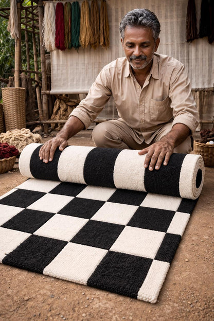 Hand Tufted Wool Checkered Rug | Modern Minimalist Black White Area Rug
