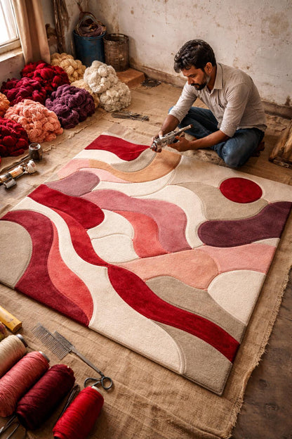 Hand Tufted Wool Rug | Beige & Red Abstract Cut Pile Rug | Modern Bedroom Area Rug | Contemporary Living Room Carpet | Custom Size Available
