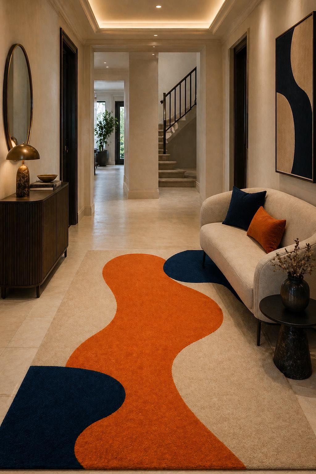 Hand Tufted Wool Abstract Rug | Orange Blue Beige Modern Area Rug | Luxury Thick Pile Carpet | Contemporary Designer Rug | Living Room 9x12