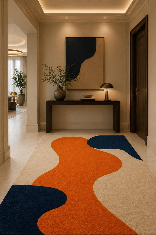 Hand Tufted Wool Abstract Rug | Orange Blue Beige Modern Area Rug | Luxury Thick Pile Carpet | Contemporary Designer Rug | Living Room 9x12