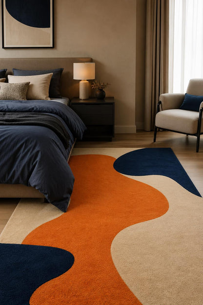 Hand Tufted Wool Abstract Rug | Orange Blue Beige Modern Area Rug | Luxury Thick Pile Carpet | Contemporary Designer Rug | Living Room 9x12