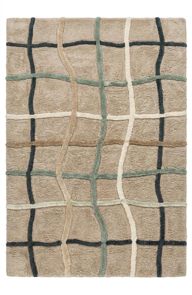 Luxury Hand Tufted Wool Rug | Organic Grid Pattern | Modern Scandinavian Area Rug |Neutral Beige Sage Black | Plush Soft Handmade Carpet