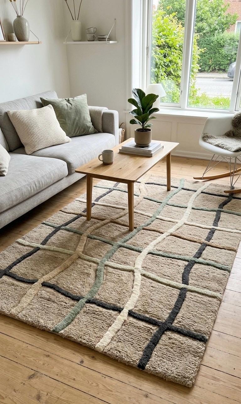 Luxury Hand Tufted Wool Rug | Organic Grid Pattern | Modern Scandinavian Area Rug |Neutral Beige Sage Black | Plush Soft Handmade Carpet