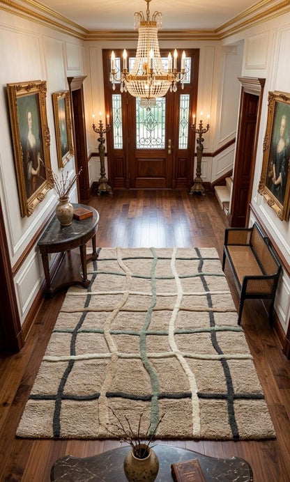 Luxury Hand Tufted Wool Rug | Organic Grid Pattern | Modern Scandinavian Area Rug |Neutral Beige Sage Black | Plush Soft Handmade Carpet