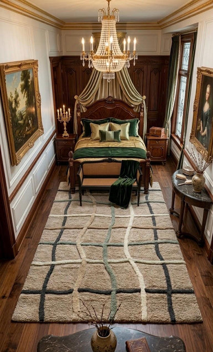 Luxury Hand Tufted Wool Rug | Organic Grid Pattern | Modern Scandinavian Area Rug |Neutral Beige Sage Black | Plush Soft Handmade Carpet