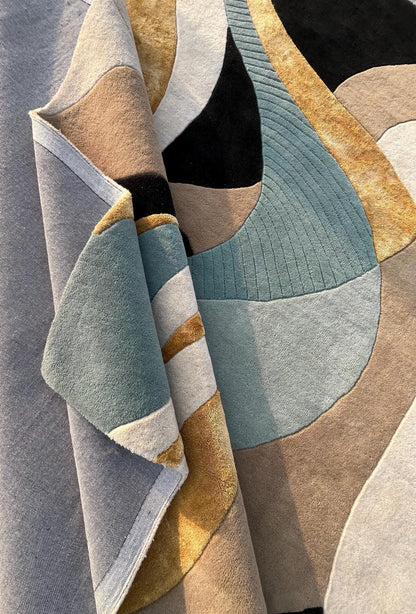 Luxury Abstract Hand Tufted Wool Rug |Modern Beige Gold Blue Area Rug| Contemporary Handmade Carpet | Designer Living Room Rug | 9x12 8x10