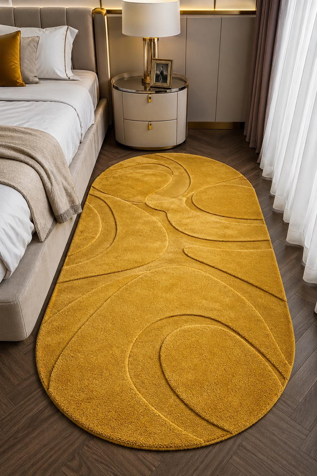 Luxury Gold Oval Rug | Hand Tufted Wool Rug | Abstract Modern Rug | Plush High Pile Carpet | Custom Size Area Rug | Designer Bedroom