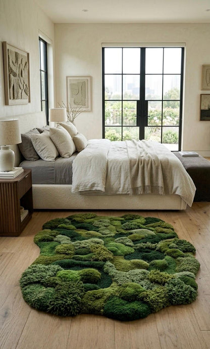 Hand Tufted Moss Rug | Organic Wool Area Rug | 3D Textured Green Rug | Irregular Shape Rug | Nature Inspired Plush Carpet Luxury Modern Rug