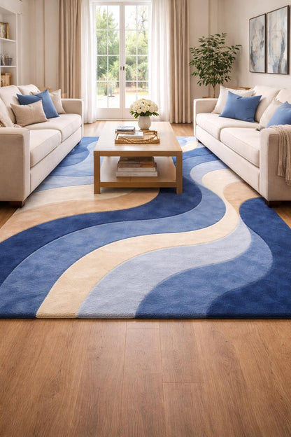 Luxury Abstract Rug | Hand Tufted Wool Rug | Modern Wave Design Carpet | Luxury Living Room Rug | Beige Blue Area Rug | Custom Size Rug