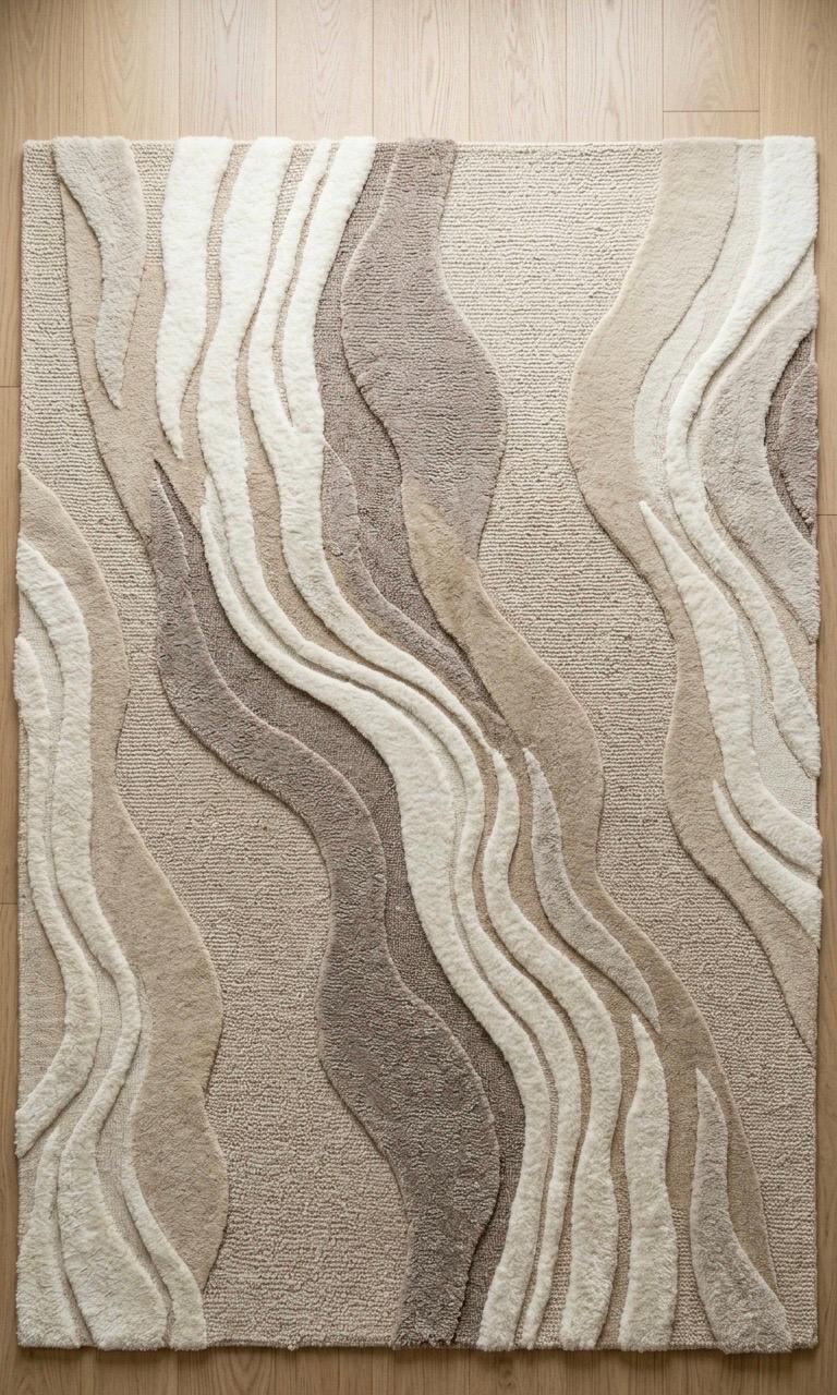 Luxury Hand Tufted Wool Rug | 3D High Low Sculpted Abstract Rug | Neutral Beige Ivory Modern Area Rug | Organic Wave Texture Carpet |