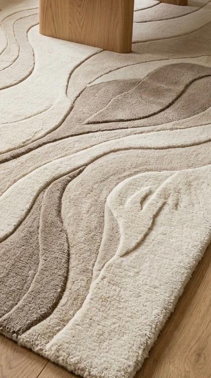 Luxury Hand Tufted Wool Rug | Neutral Beige Ivory Abstract Rug | 3D High-Low Sculpted Carpet | Modern Minimalist Bedroom Rug | Soft Plush