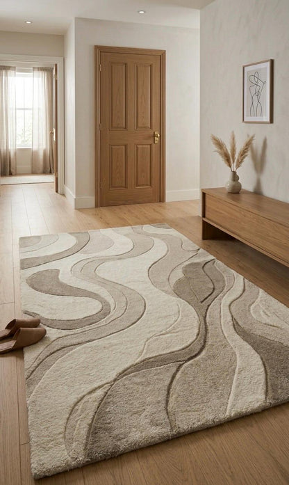Luxury Hand Tufted Wool Rug | Neutral Beige Ivory Abstract Rug | 3D High-Low Sculpted Carpet | Modern Minimalist Bedroom Rug | Soft Plush