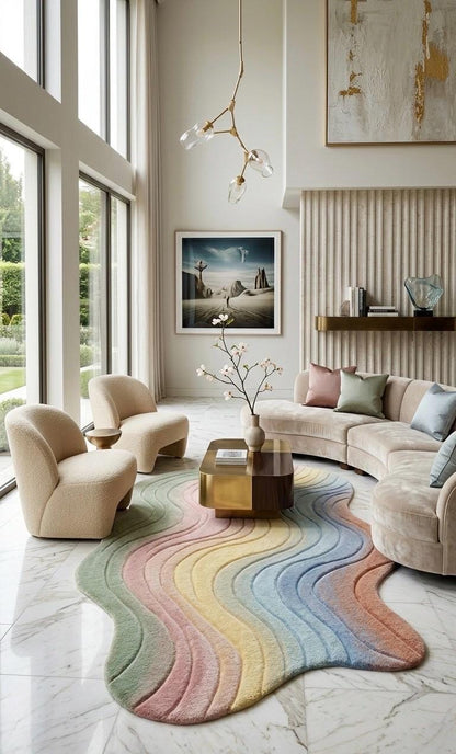 Luxury Hand Tufted Wool Rug, Abstract 3D Textured Carpet, Modern Irregular Shape Rug, Neutral Aesthetic Living Room Decor, Handmade Designer