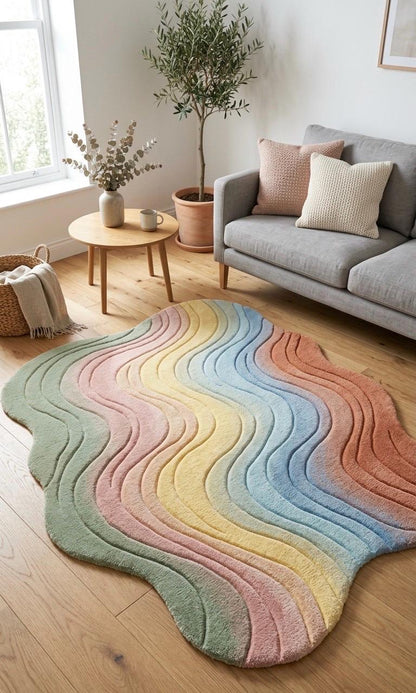 Luxury Hand Tufted Wool Rug, Abstract 3D Textured Carpet, Modern Irregular Shape Rug, Neutral Aesthetic Living Room Decor, Handmade Designer