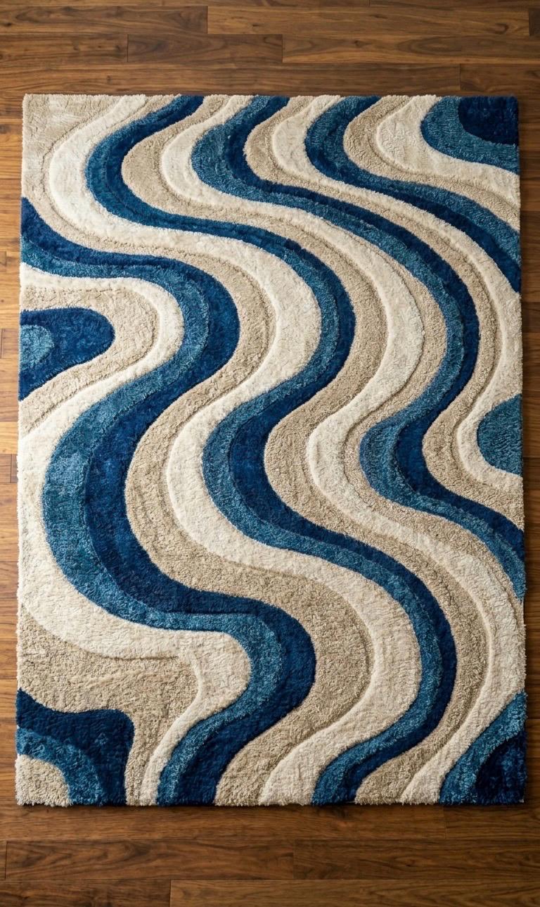Blue Cream Wavy Wool Rug | Abstract Mid Century Modern Large Area Rug