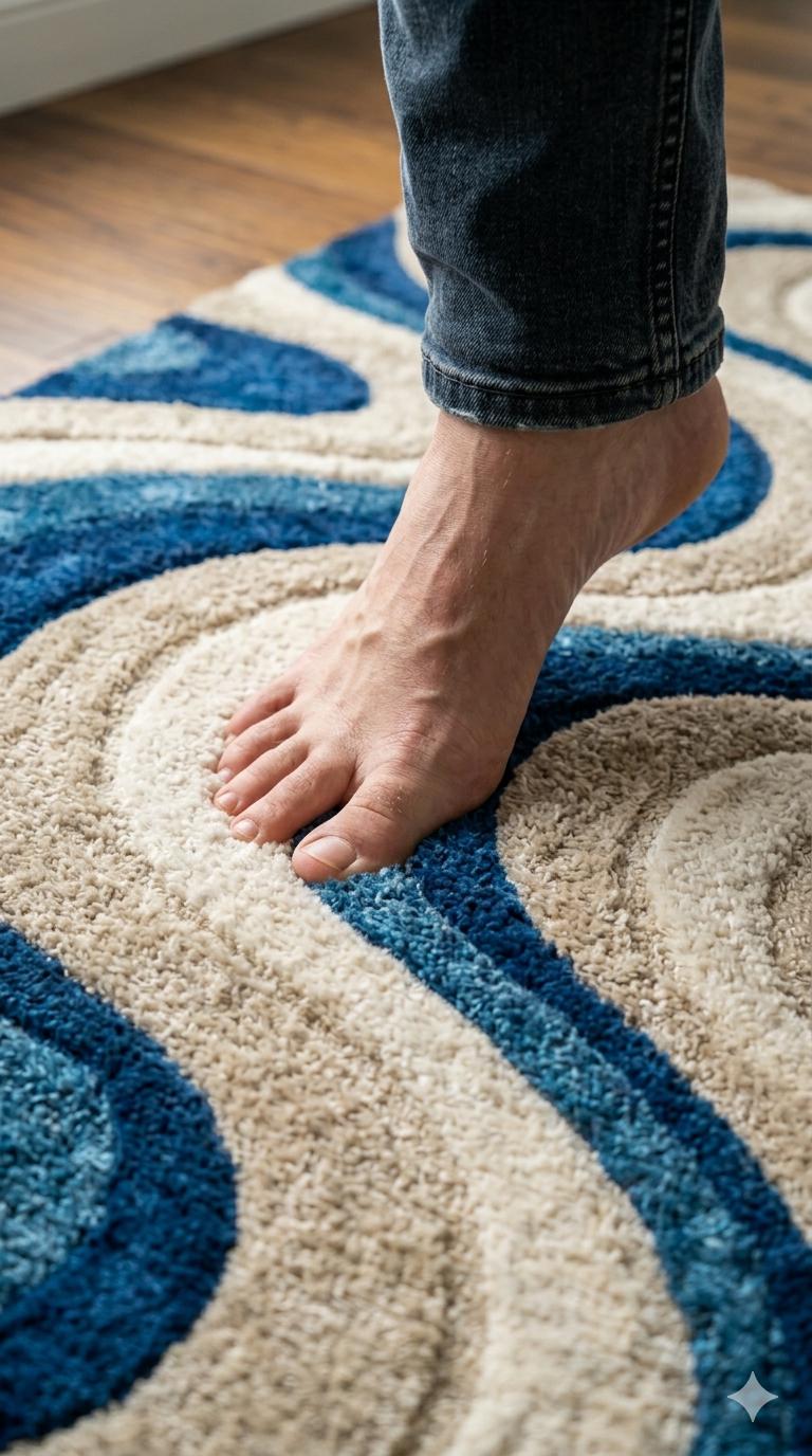 Blue Cream Wavy Wool Rug | Abstract Mid Century Modern Large Area Rug